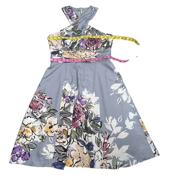 Tracy Reese blue gray floral silk crepe fit and flare dress watercolor floral - Picture 7 of 11